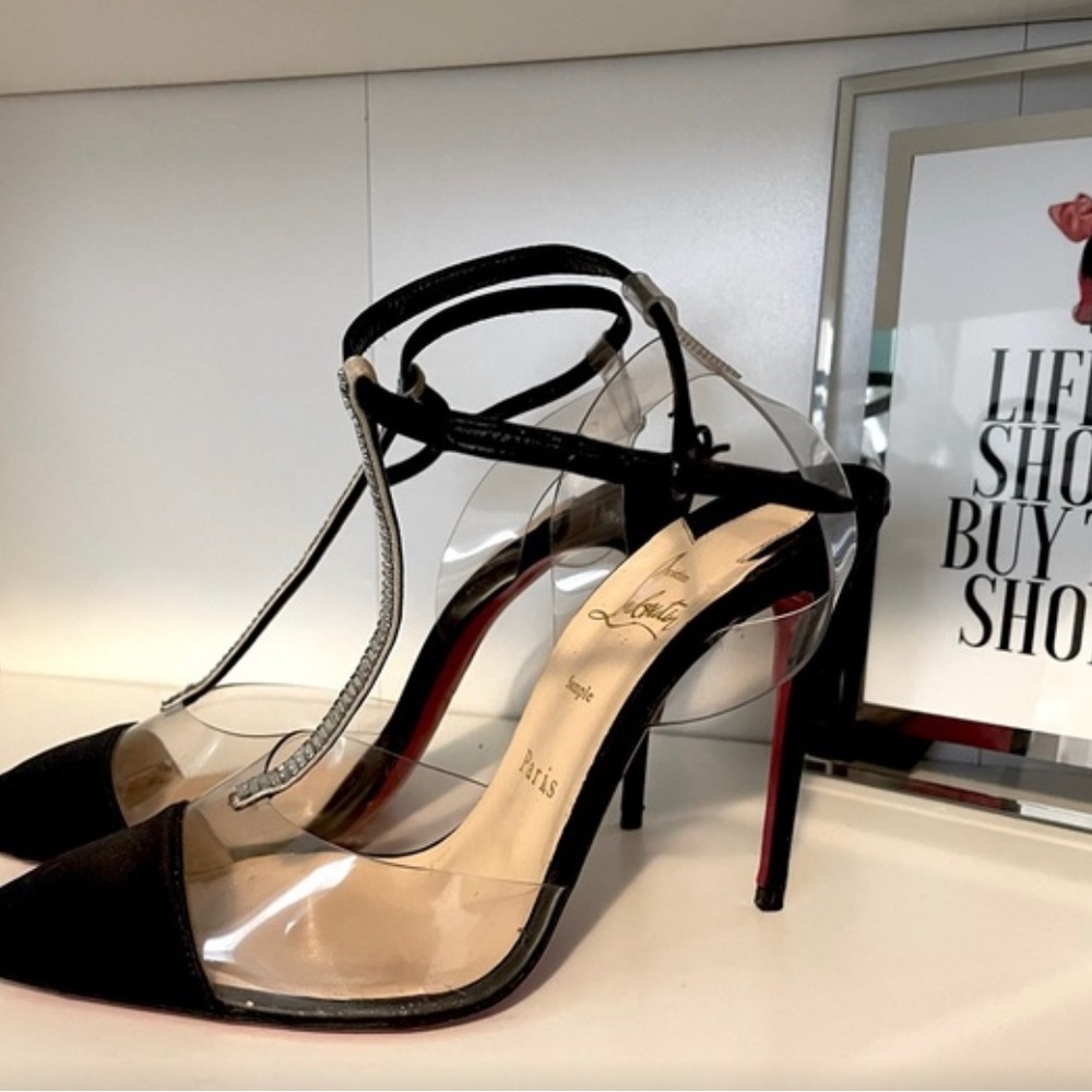 Christian Louboutin Nosy Embellished T-Strap Satin & PVC Sandals